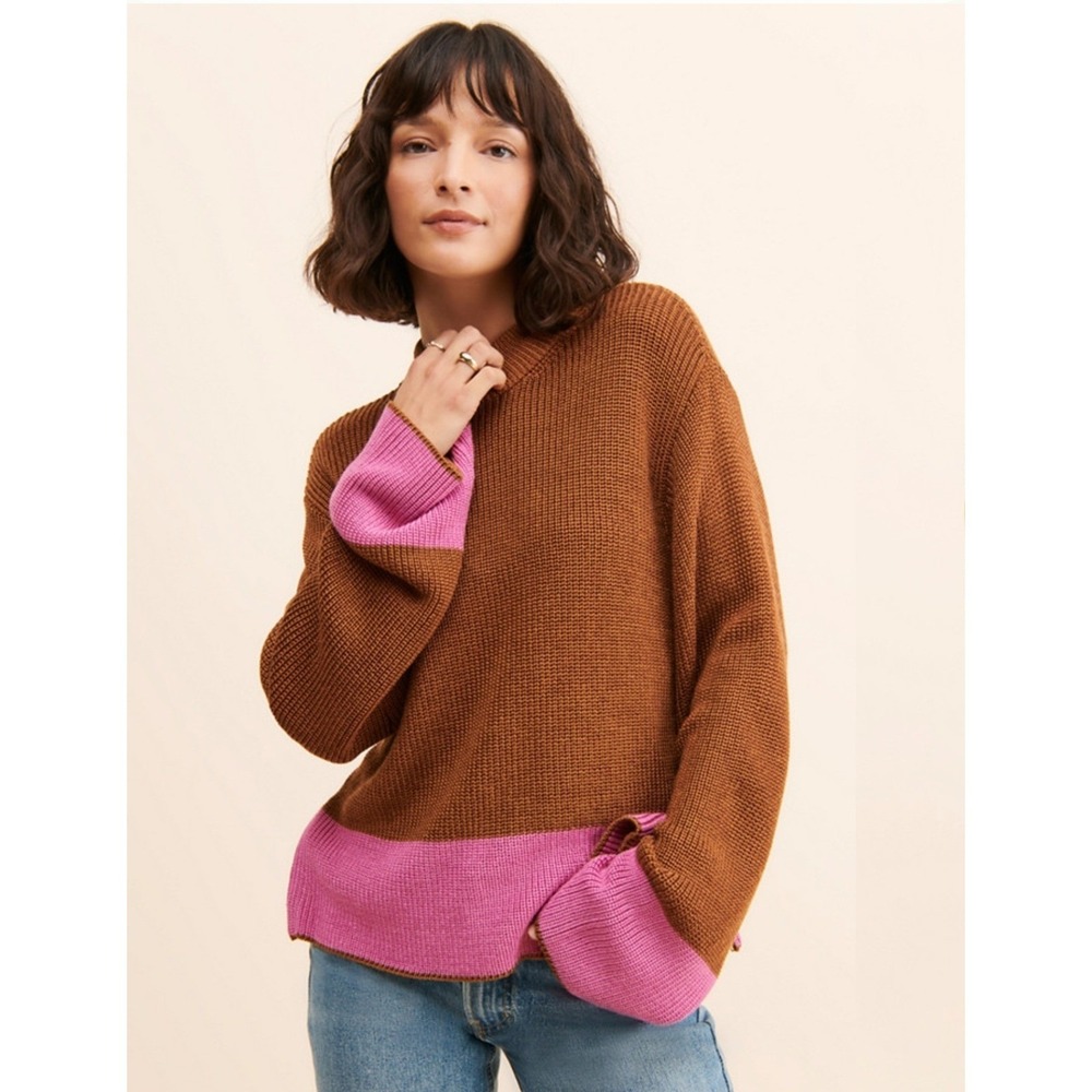 Varley‎ Panama Knit Medium Oversized Sweatshirt Brown Pink Long Sleeve Pullover